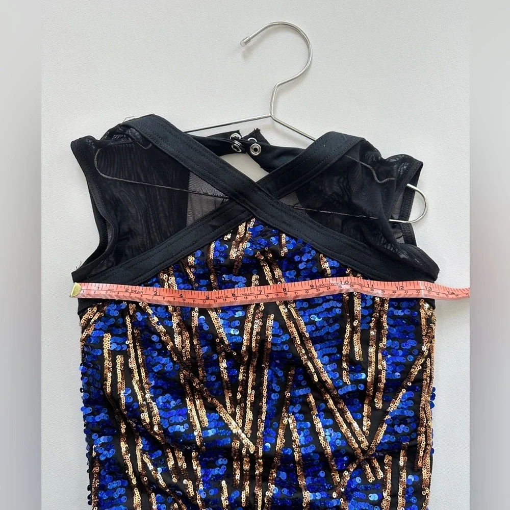 Weissman One Piece Skating & Dance-Black/Blue/Gold Sequins -Sleeveless- Size 7/8 - Picture 6 of 8